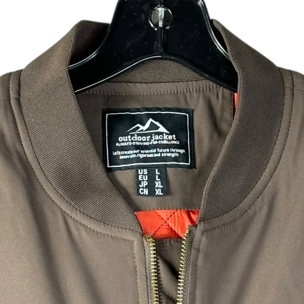 Outdoor Jacket Brand Brown Pilot Bomber Jacket Orange Quilted Lining Size Large